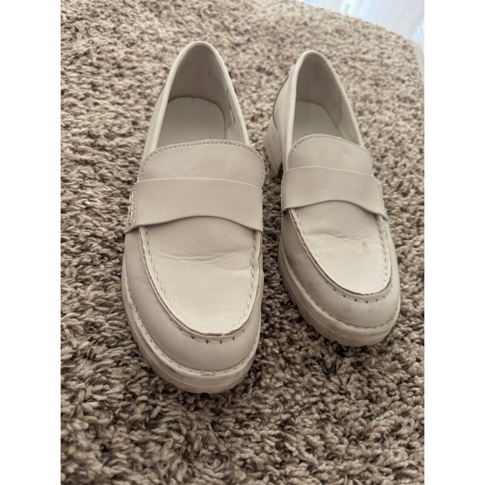 Womens Cream Leather Loafers Chunky Sole Slip On Comfort Shoes Size 9.5